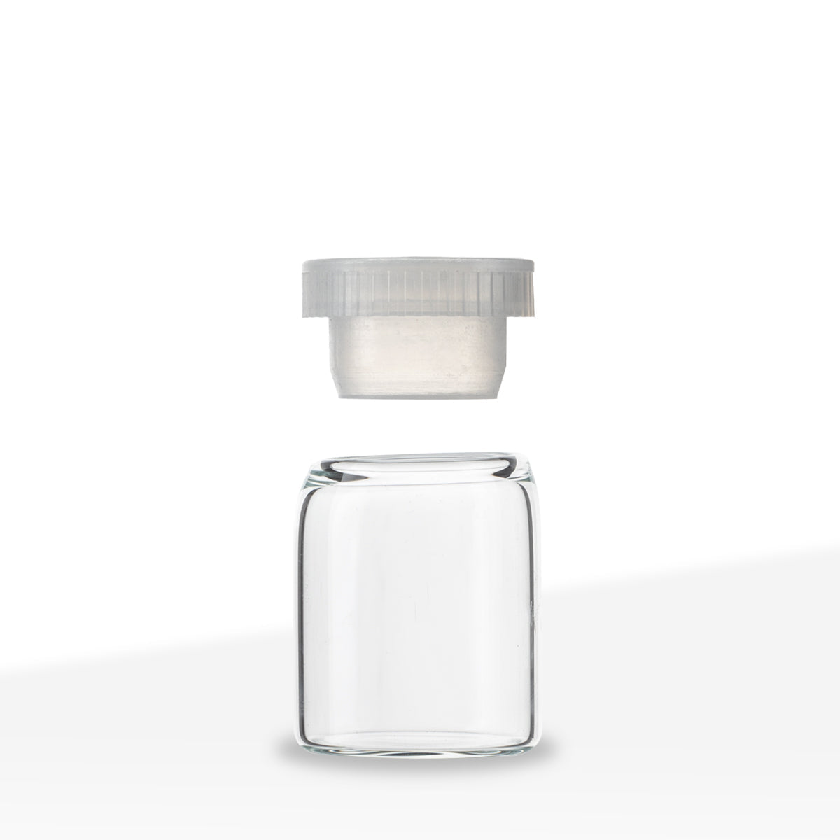 Transparent glass vial container with secure plastic stopper cap