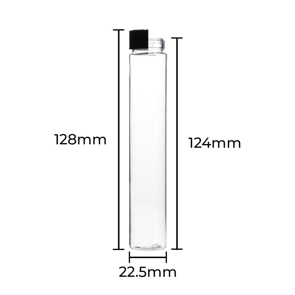 Child Resistant | Push & Turn Vape Cartridge Clear Tubes w/ Black Caps | 125mm - 400 Count - Biohazard Inc