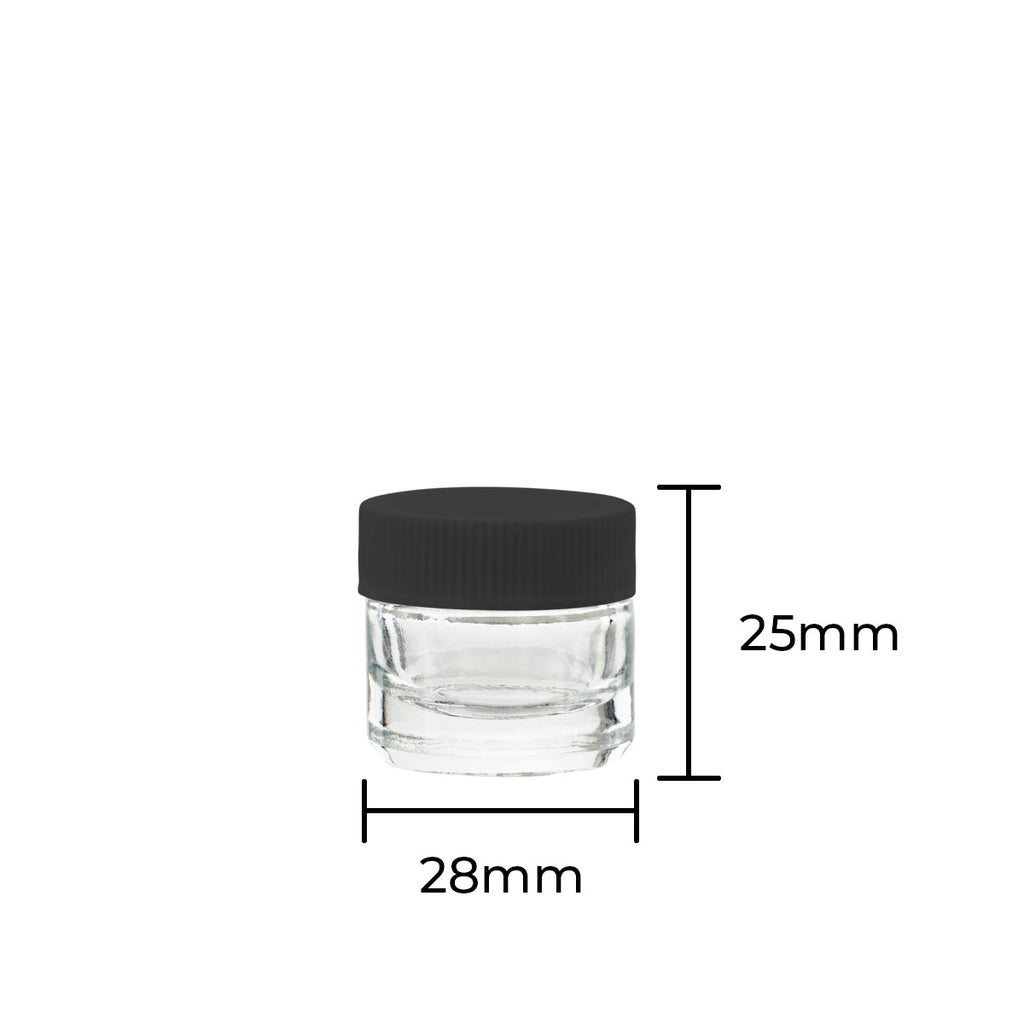 Concentrate Containers | Clear Glass Concentrate Containers w/ Black Caps | 5ml - 250 Count - Biohazard Inc