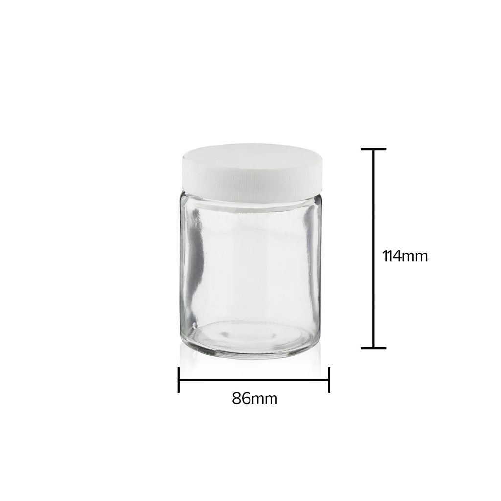 Glass Jar | Straight Sided Clear Glass Jars w/ Ribbed Plastic White Caps | 18oz - 48 Count Glass Jar Biohazard Inc   