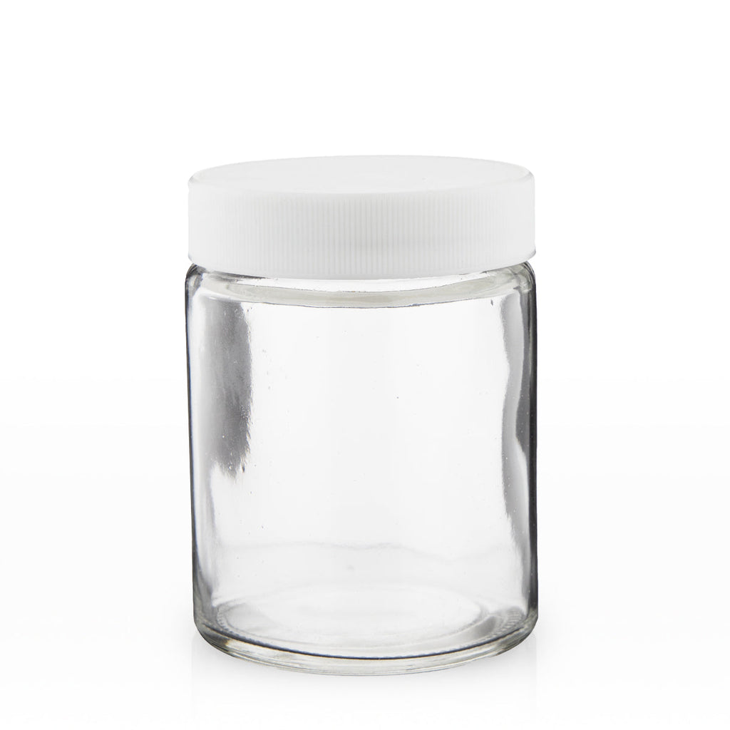 Glass Jar | Straight Sided Clear Glass Jars w/ Ribbed Plastic White Caps | 18oz - 48 Count Glass Jar Biohazard Inc   