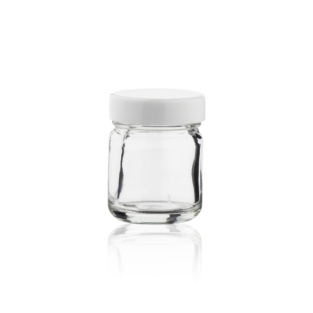 Glass Jar | Straight Sided Clear Glass Jars w/ White Caps | 1oz - 252 Count Glass Jar Biohazard Inc   