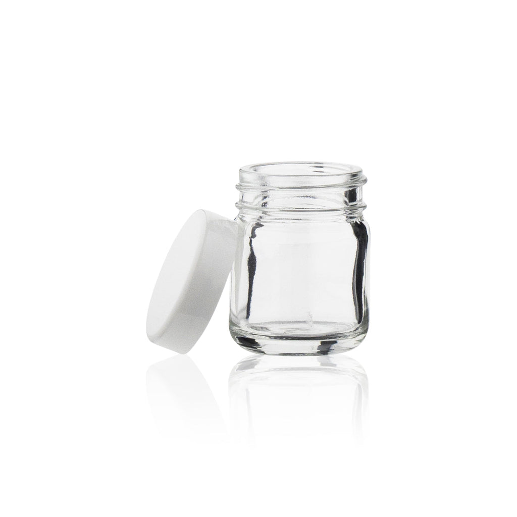 Glass Jar | Straight Sided Clear Glass Jars w/ White Caps | 1oz - 252 Count Glass Jar Biohazard Inc   
