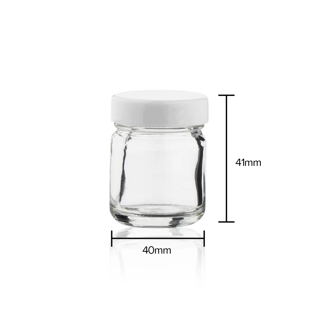 Glass Jar | Straight Sided Clear Glass Jars w/ White Caps | 1oz - 252 Count Glass Jar Biohazard Inc   