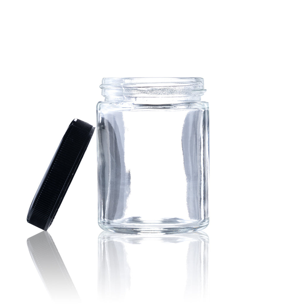 Glass Jar | Straight Sided Clear Glass Jars w/ Black Caps | 4oz - 120 Count Glass Jar Biohazard Inc   