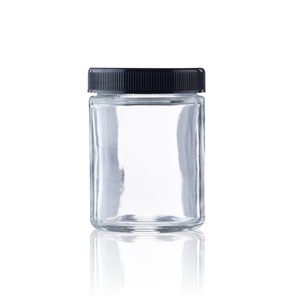 Glass Jar | Straight Sided Clear Glass Jars w/ Black Caps | 4oz - 120 Count Glass Jar Biohazard Inc   