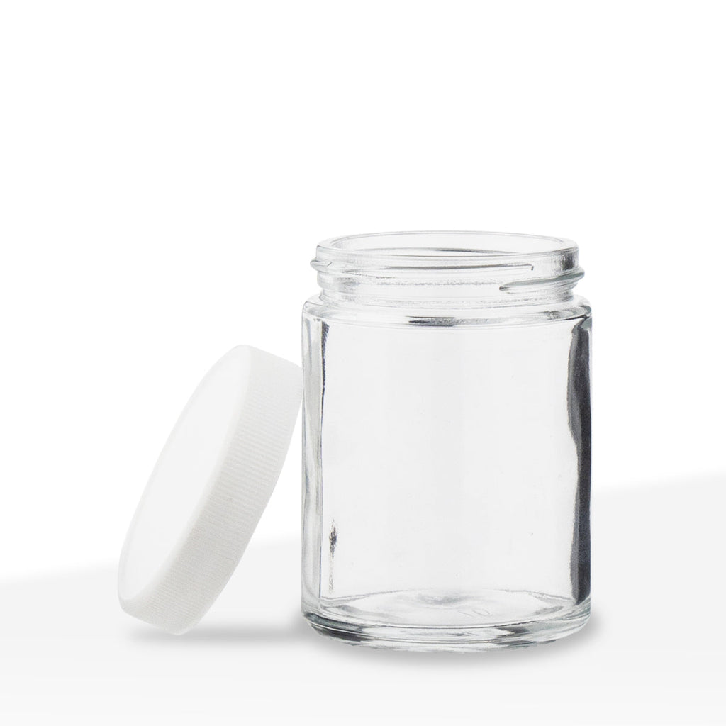 Clear glass jar with straight profile and white screw cap for packaging use