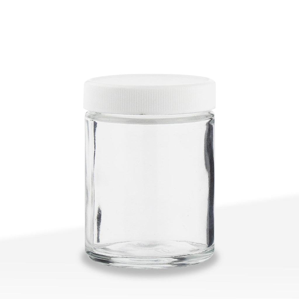Clear straight-sided glass jar with white cap, 4 oz size, bulk packaging