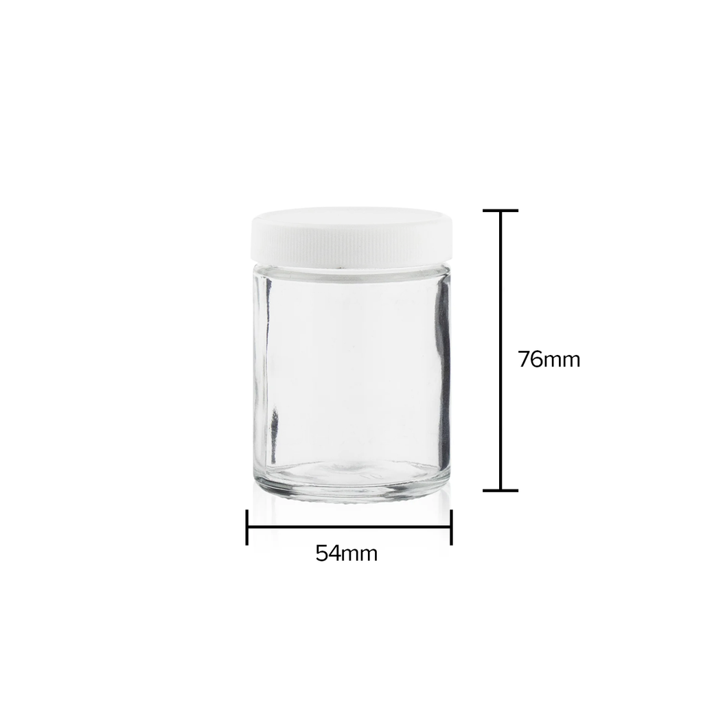 Transparent straight-sided glass container with smooth sides and white lid