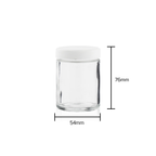 Transparent straight-sided glass container with smooth sides and white lid
