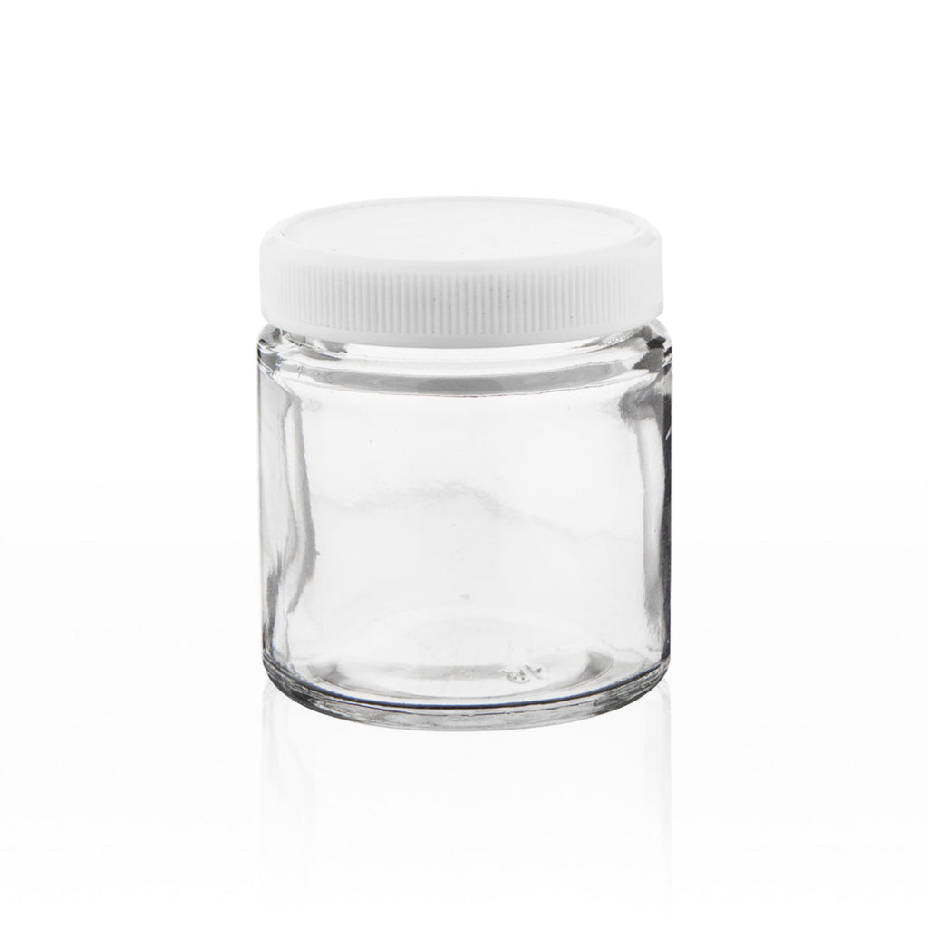 Clear straight-sided glass jar with white cap, 3.5 oz size