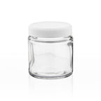 Clear straight-sided glass jar with white cap, 3.5 oz size