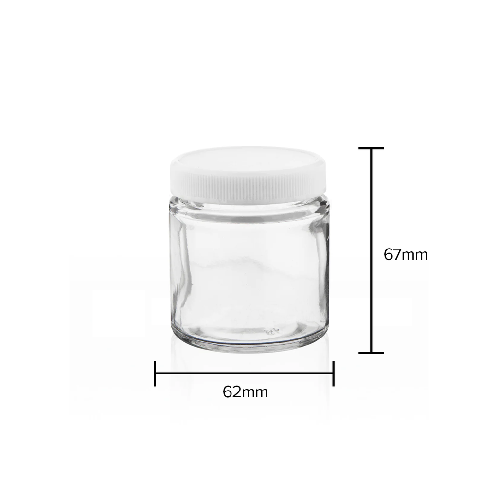 Transparent straight-sided glass container with smooth sides and white lid