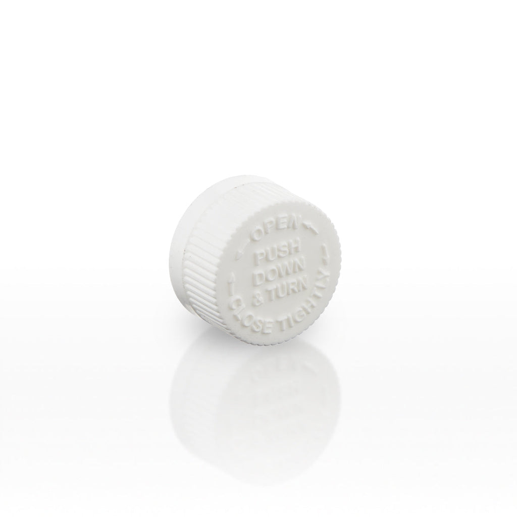 Child Resistant Plastic Caps | Push Down & Turn w/ Foam Liner | 22mm - White - 144 Count - Biohazard Inc