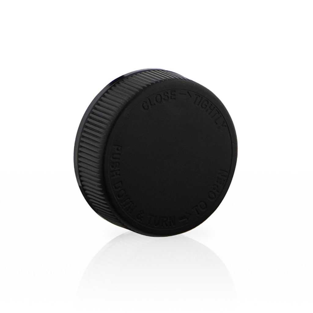 Child Resistant Plastic Caps | Ribbed Push Down & Turn w/ Foam Liner | 45mm - Black