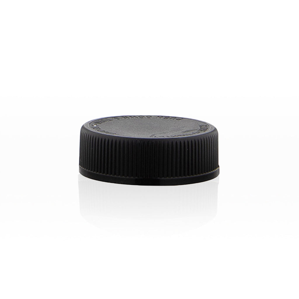Child Resistant Plastic Caps | Ribbed Push Down & Turn w/ Foam Liner | 45mm - Black