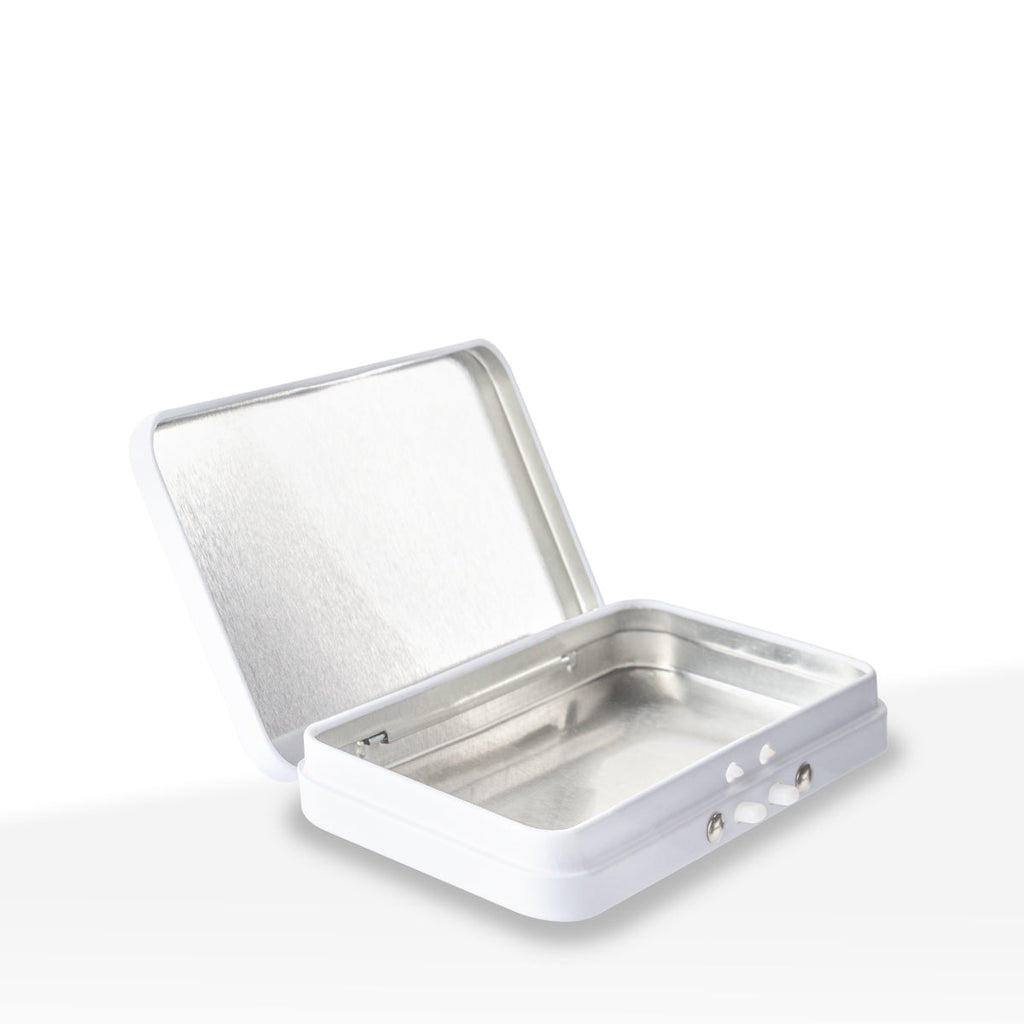 White metal tin container with child-resistant lid, 3.14 x 2.28 inches, bulk packaging