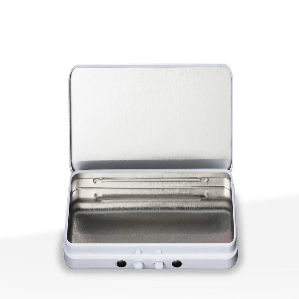 Round white metal tin with secure child-resistant closure for professional packaging use