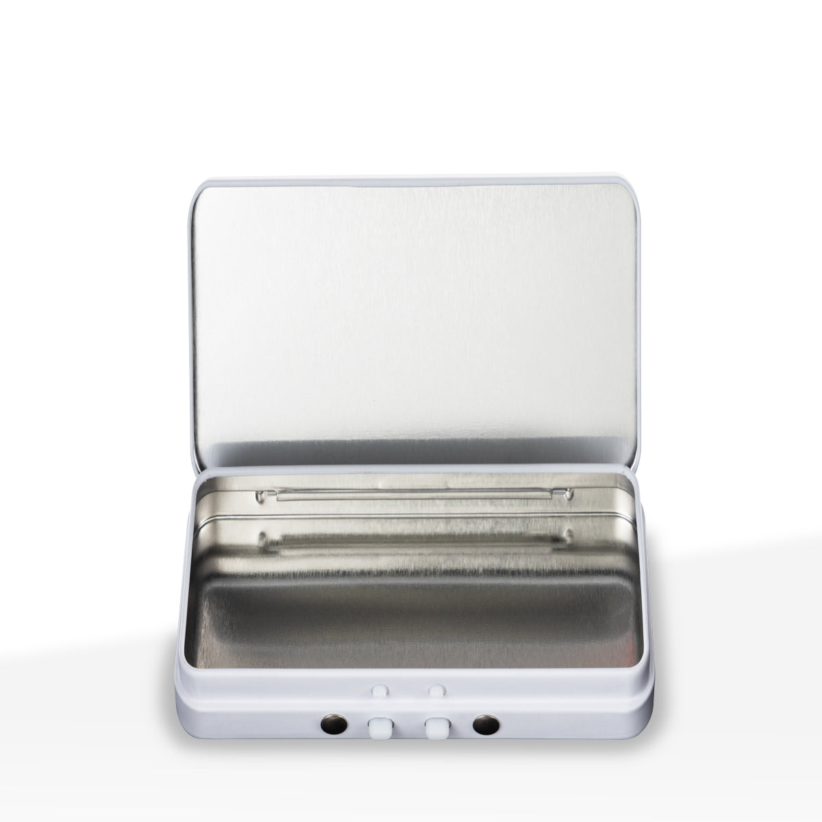 Round white metal tin with secure child-resistant closure for professional packaging use