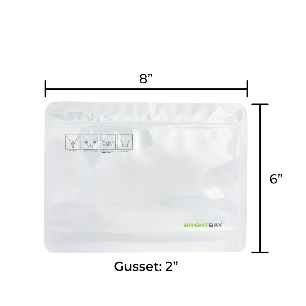Child-Resistant | Bright Bay™ White Mylar Exit Bags | 8" x 6" - 28g - 250 Count - Biohazard Inc