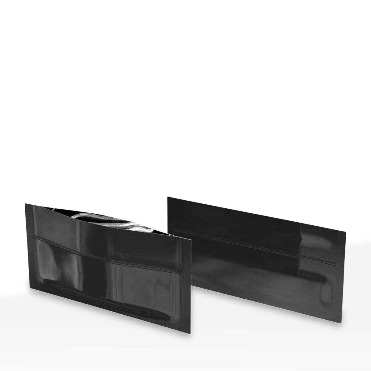 Glossy black mylar pouch with tear notch, 6 x 2.7 inches, bulk packaging