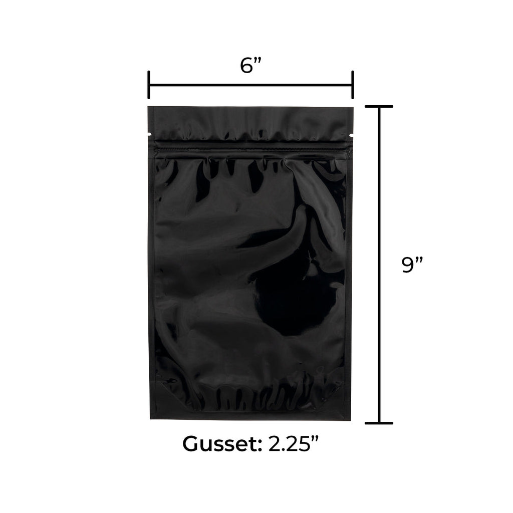 Tamper Evident | Glossy Black Vista Mylar Bags | 6" x 9" - 28g - 1000 Count - Biohazard Inc - Tear Notch