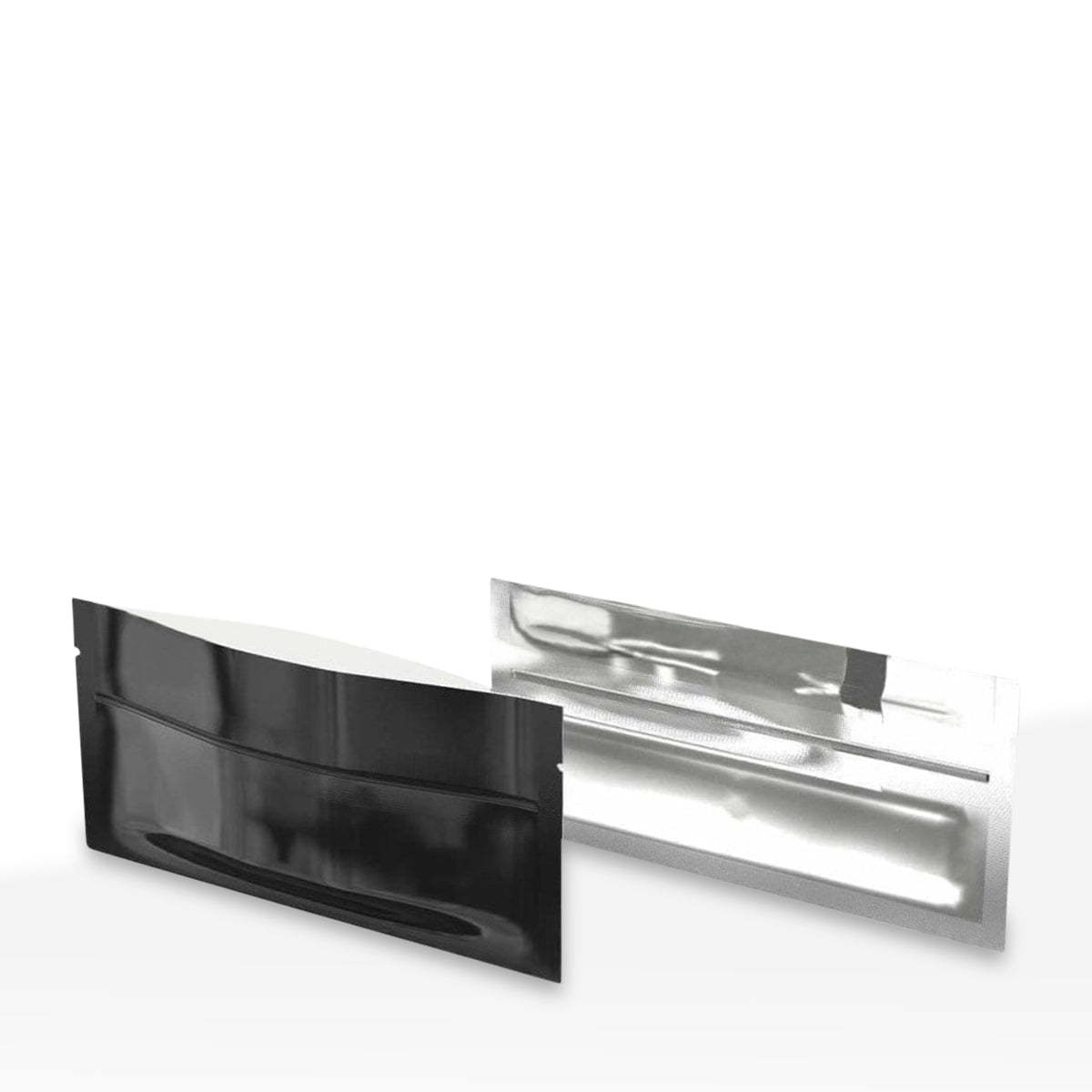 Glossy black mylar pouch with clear front window and tear notch, 7 x 2.7 inches