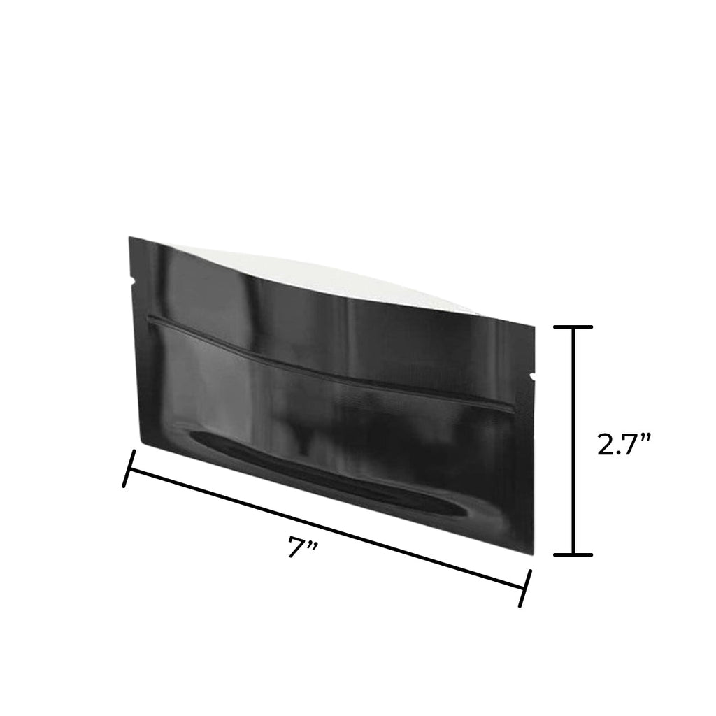 Slim glossy black mylar packaging bag with vista window and easy-open tear notch