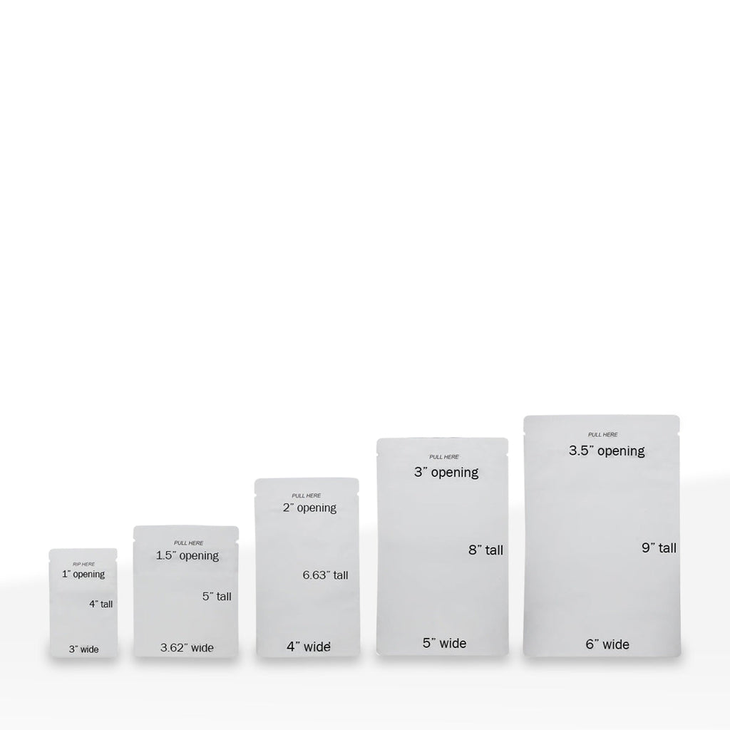 Child-Resistant | Gloss White Mylar Bags - Tear Notch | 5" x 8" - 14g - 1000 Count - Biohazard Inc