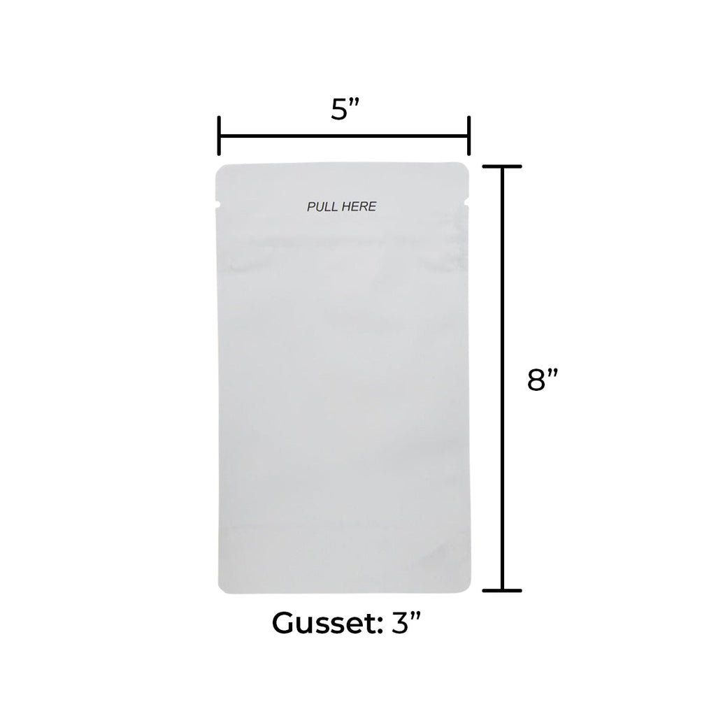 Child-Resistant | Gloss White Mylar Bags - Tear Notch | 5" x 8" - 14g - 1000 Count - Biohazard Inc