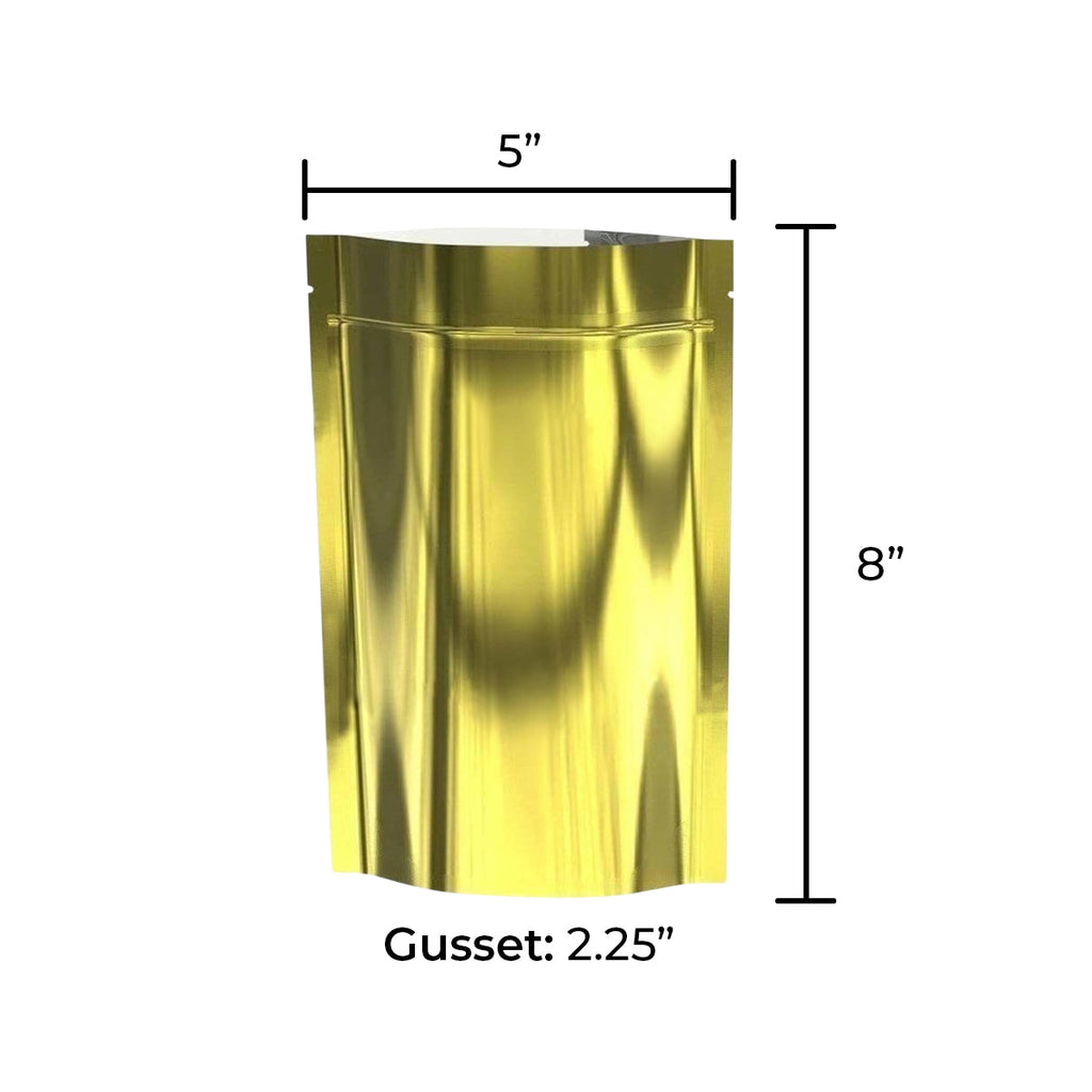Tamper Evident | Glossy Gold Vista Mylar Bags | 5" x 8" - 14g - 1000 Count - Biohazard Inc - Tear Notch