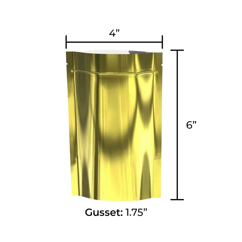 Tamper Evident | Glossy Gold Vista Mylar Bags | 4" x 6" - 7g - 1000 Count - Biohazard Inc - Tear Notch