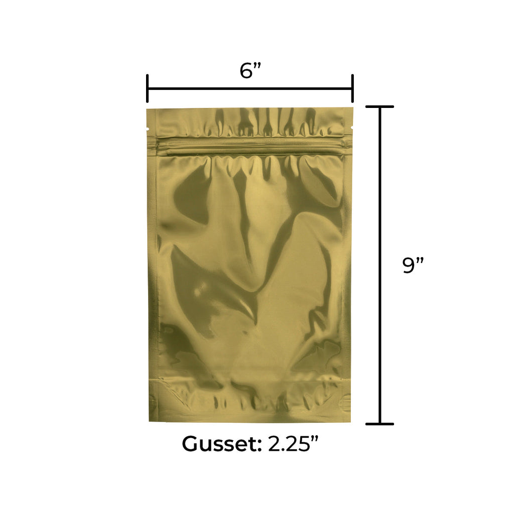 Tamper Evident | Glossy Gold Vista Mylar Bags - Tear Notch | 6" x 9" - 28g - 1000 Count - Biohazard Inc