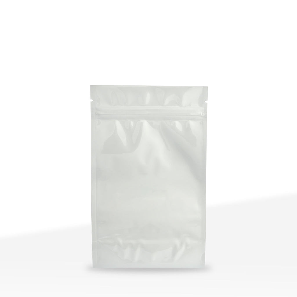 Tamper Evident | Glossy White Vista Mylar Bags w/ Tear Notch | 5" x 8" - 14g - 1000 Count - Biohazard Inc - Tear Notch