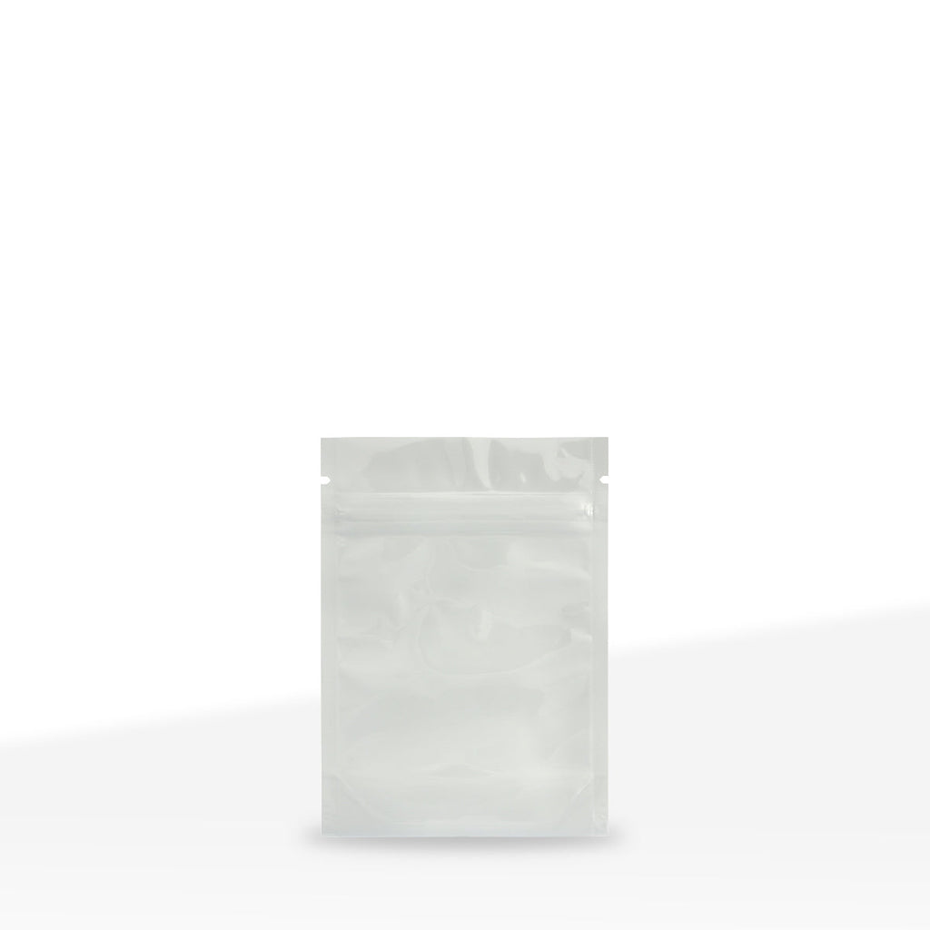 Tamper Evident | Glossy White Vista Mylar Bags | 4" x 5" - 3.5g - 1000 Count - Biohazard Inc - Tear Notch