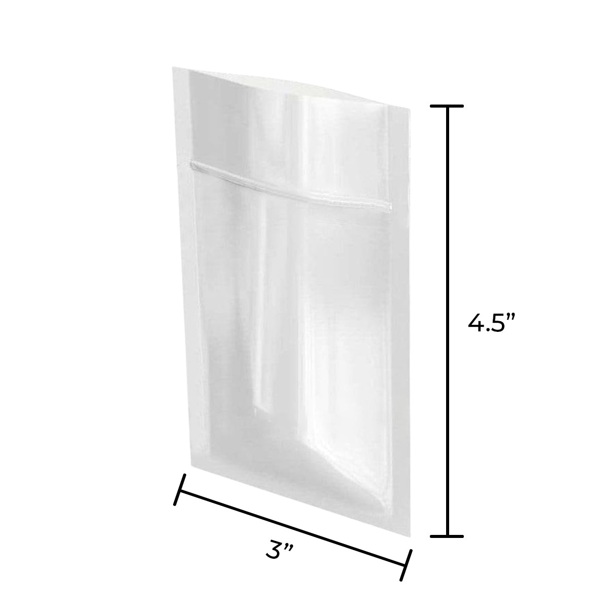 Tamper Evident | Glossy White Vista Mylar Bags | 3" x 4.5" - 1g - 1000 Count - Biohazard Inc - Tear Notch