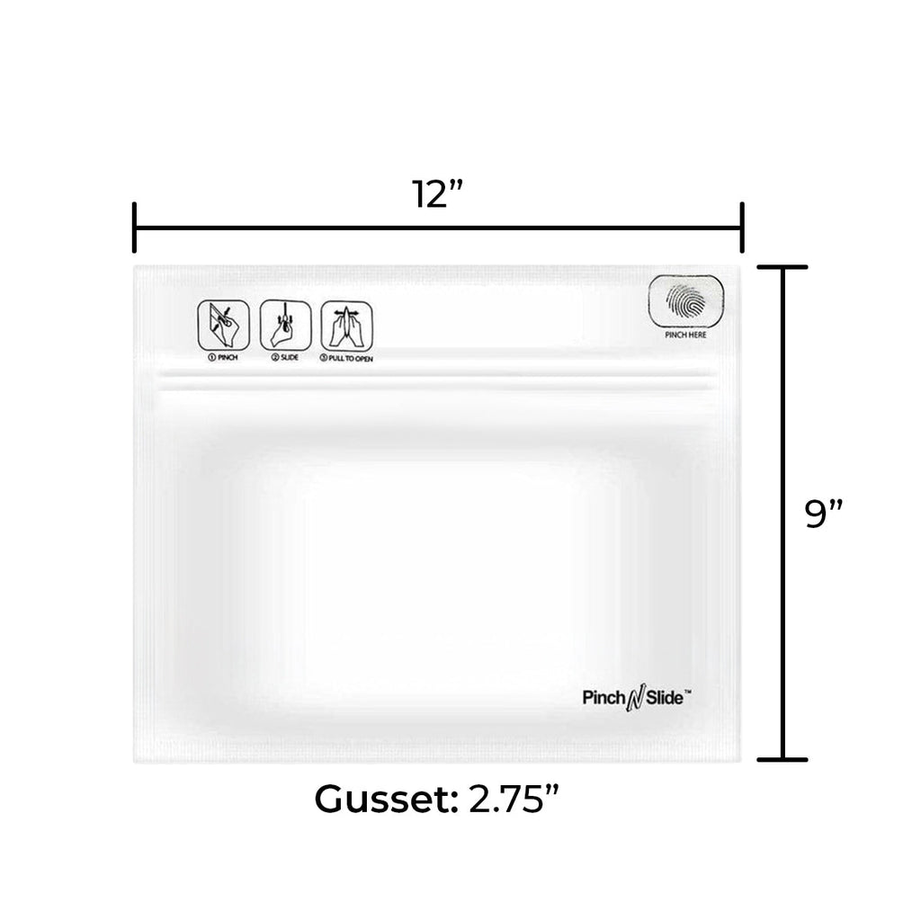 Child Resistant | Pinch N Slide White Mylar Bags | 12" x 9" - 56g - 250 Count - Biohazard Inc