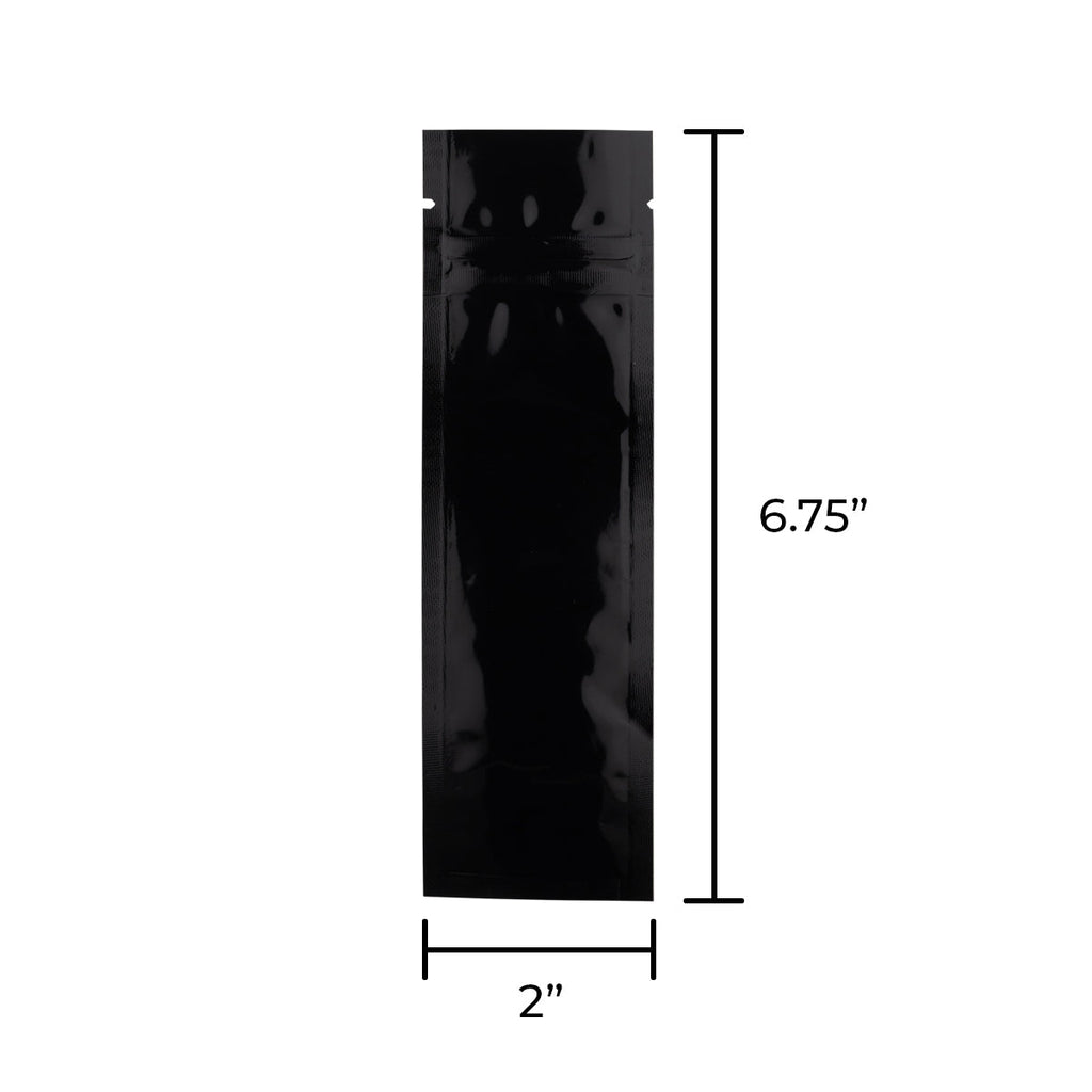 Tamper Evident | Glossy Black Mylar Bags for Pre-Roll/Syringe - Tear Notch | 2" x 6.75" - 2g - 1000 Count - Biohazard Inc
