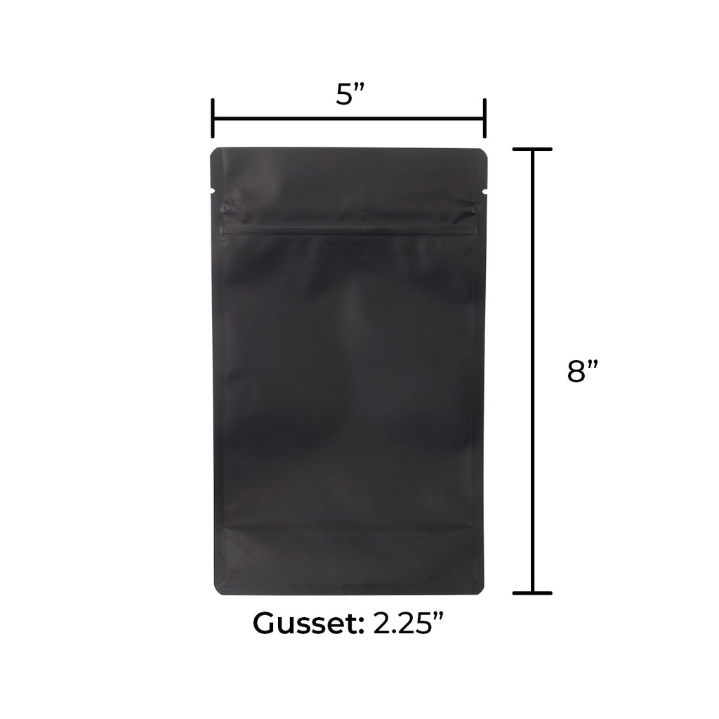 Matte black child-resistant mylar bag for secure flexible packaging, 1/2 ounce