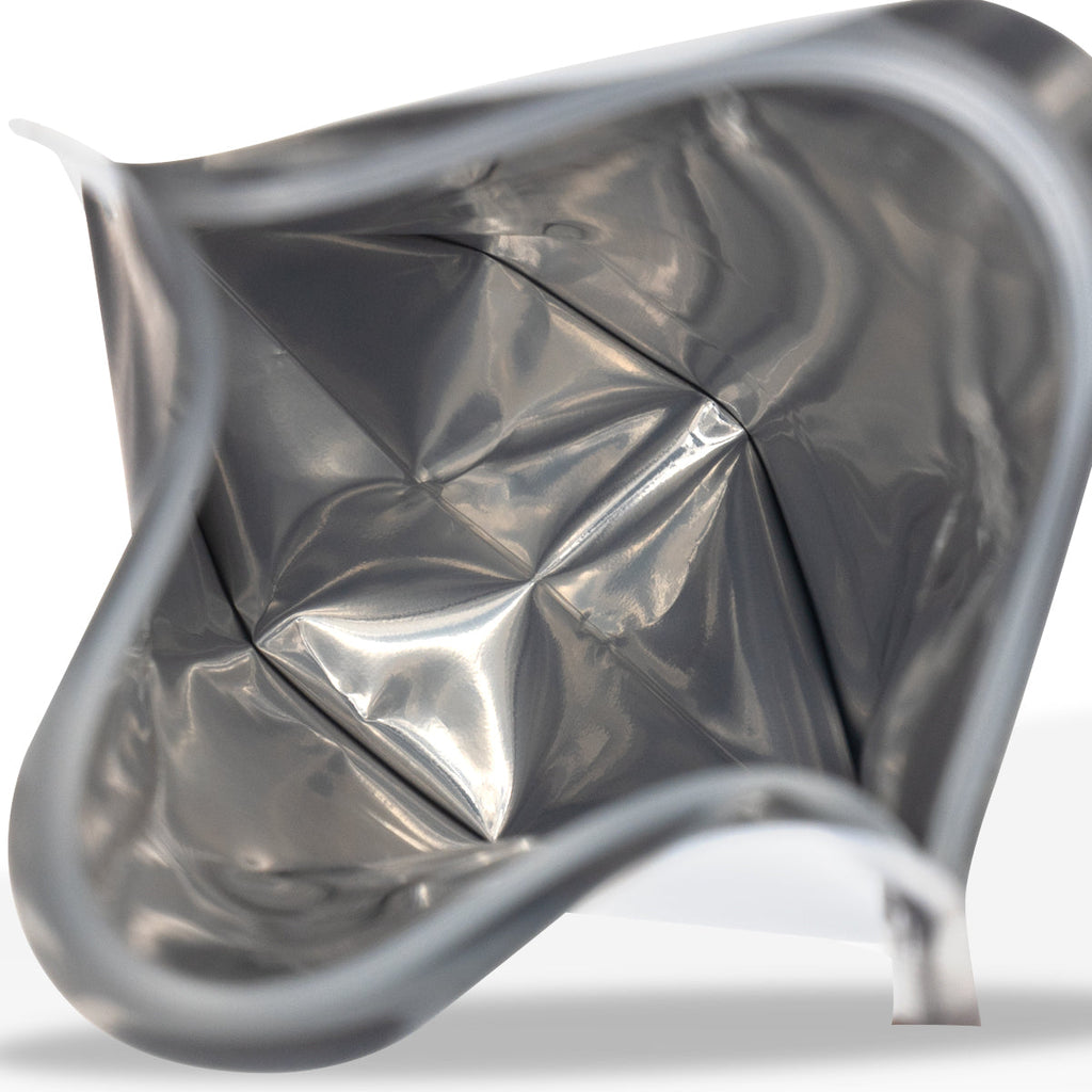 Bulk black mylar child-resistant bags, 1/4 oz size, sold in 1000-count case