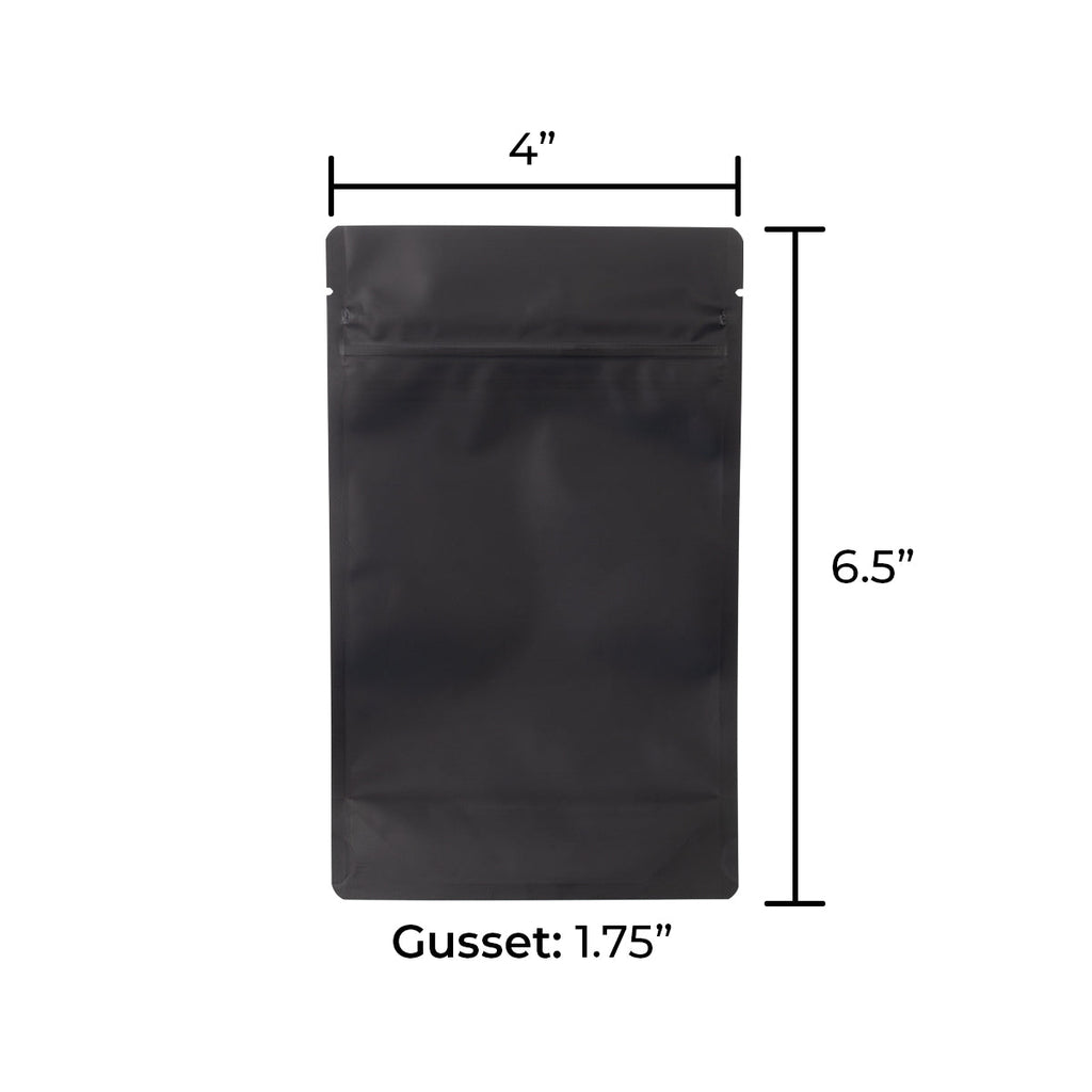 Matte black child-resistant mylar bag for secure product packaging, 1/4 ounce