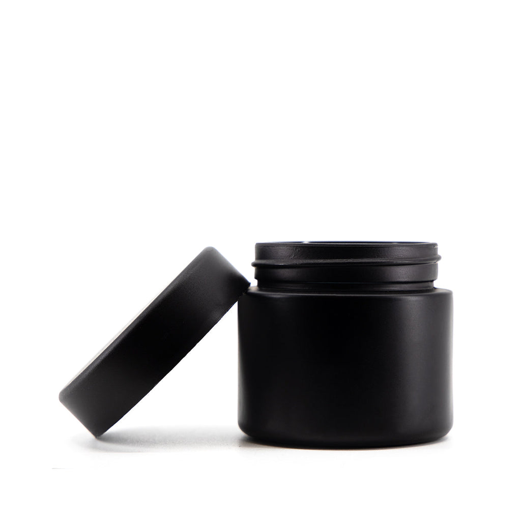 Child Resistant | Straight Sided Glass Jars w/ Flush Caps - Matte Black | 50mm - Various Sizes Child Resistant Jar Biohazard Inc - 2oz - 200 Count