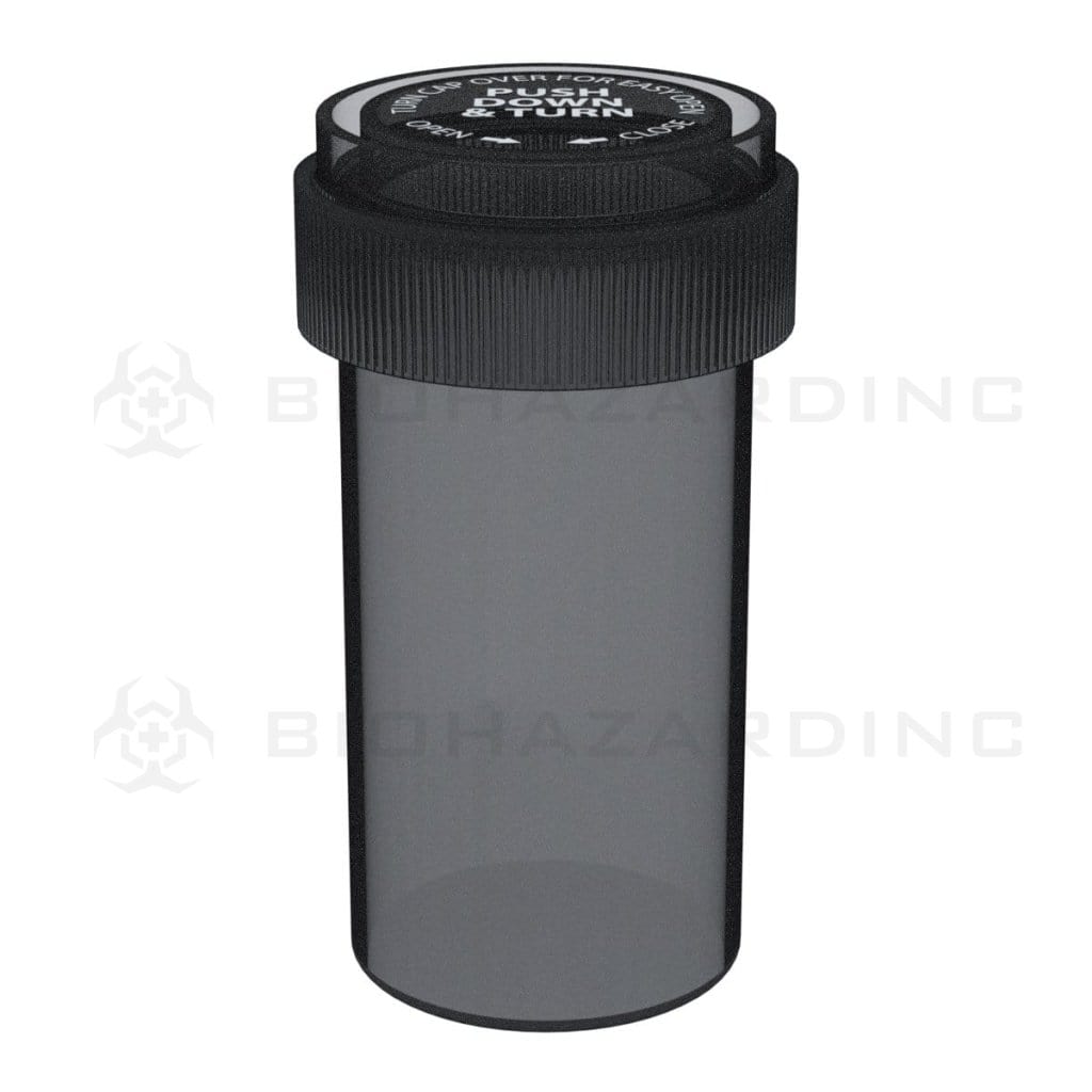Child Resistant | Translucent Black Reversible Cap Vials | 13 Dram - 2 Grams - 275 Count Reversible Cap Vial Biohazard Inc   
