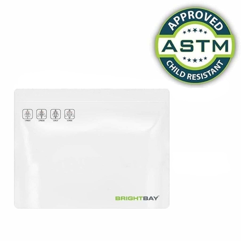 Child Resistant | Bright Bay™ White Mylar Exit Bags | 12" x 9" - 56g - 250 Count - Biohazard Inc - No Tear Notch